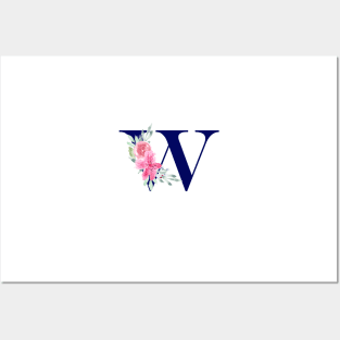 Watercolor Floral Letter W in Navy Posters and Art